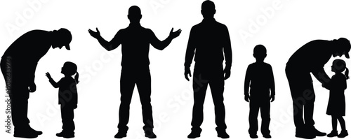 Father and Child Silhouette Set Vector Illustration Isolated on White Background, Parenting, Family Relationship and Love Concept Collection