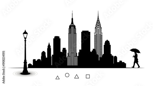 New York City Skyline Silhouette with Street Lamp and Umbrella Walker