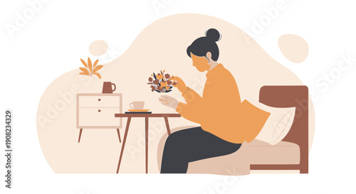 Woman Arranging Flowers in Cozy Bedroom, Morning Coffee, Calm Lifestyle Flat Illustration