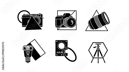 Photography Icons: Camera, Lens, Tripod, Flash, Light Meter, Geometric Shapes