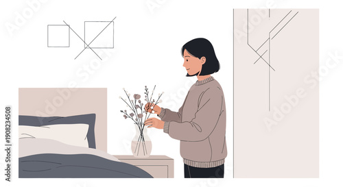 Woman Arranging Flowers in Minimalist Bedroom