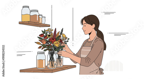 Woman Arranging Flowers in Jars, Botanical Illustration, Home Decor