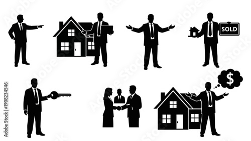 Real Estate Agent Icons: Selling Houses, Keys, Handshakes, Sold Signs, and Money