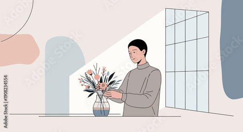 Woman Arranging Flowers in Minimalist Interior
