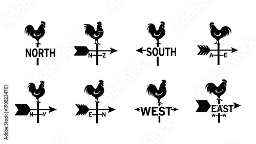 Rooster Weather Vane Set: North, South, East, West Directions