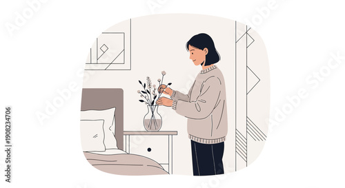 Woman arranging flowers in vase on nightstand, minimalist bedroom decor, cozy home illustration