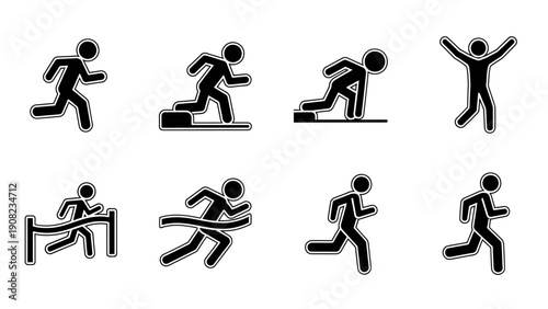 Running Man Icon Set: Start, Sprint, Finish Line, Victory Celebration