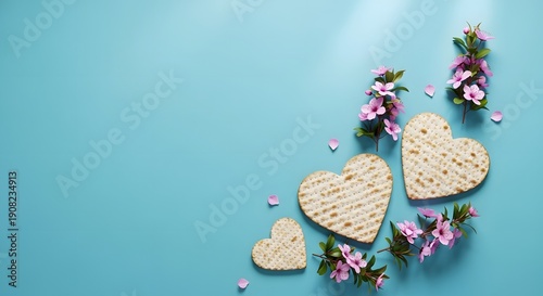 Heart-shaped matzah crackers with pink flowers on blue background