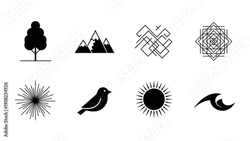 Set of 8 Minimalist Icons: Nature, Abstract, Geometric Shapes, Symbols