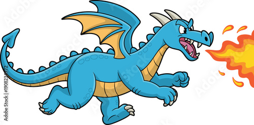 Cute cartoon dragon breathing fire running isolated on white background fantasy monster character illustration for kids games and fun design