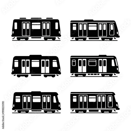 Set of Black and White Subway Train Icons