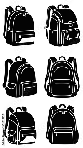 Set of Black Backpack Icons: School, Travel, and Outdoor Gear