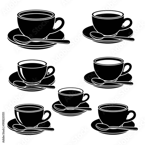 Set of Black Coffee Cups with Saucers and Spoons, Minimalist Silhouette