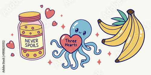 A whimsical collection of cartoon objects includes a jar of 'Never Spoils' contents, a cute blue octopus holding a heart, and a bunch of yellow bananas.