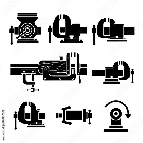 Set of Black Silhouettes of Various Vises and Clamps on White Background