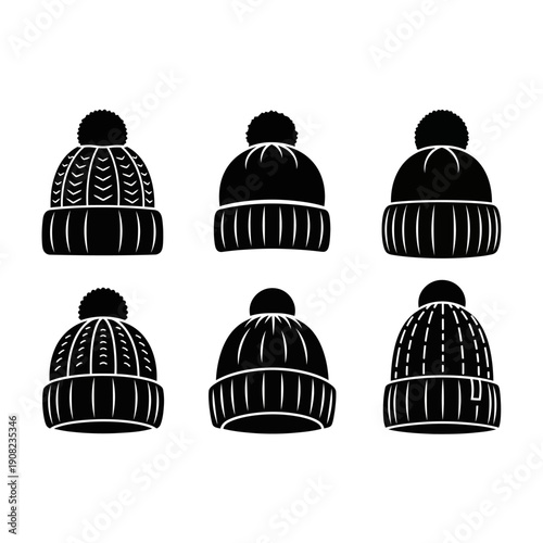Set of Black Winter Beanies with Pom-Poms, Icon Style