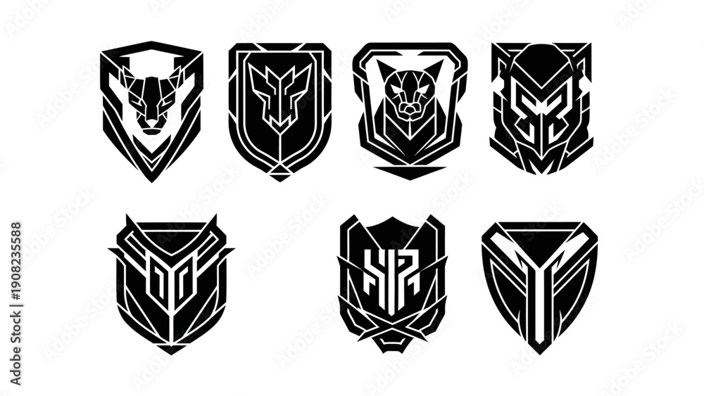Fototapeta premium Set of Futuristic Geometric Emblems, Shields, Badges, and Logos