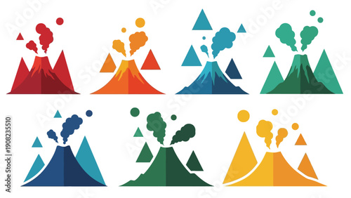 Set of Colorful Volcano Illustrations with Smoke and Lava Eruptions