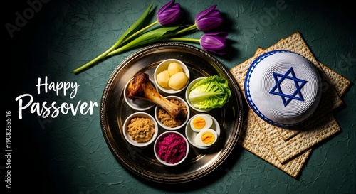 Passover Seder plate with traditional foods and Star of David kippah eggs