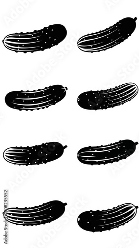 Set of Eight Black Silhouette Pickles on White Background