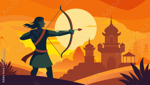 A warrior with a bow and arrow stands before a setting sun and ancient ruins Vector