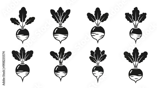 Set of eight stylized black and white icons of fresh radishes with green leaves