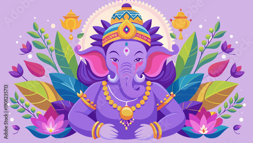 A vibrant illustration of the hindu deity ganesha surrounded by colorful flowers Vector
