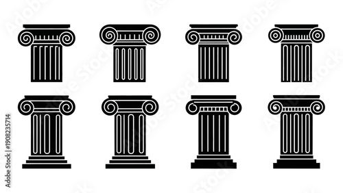Set of Ionic Columns, Ancient Greek Architectural Elements, Black and White Vector Icons