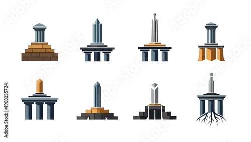 Set of Monument Icons: Modern and Classic Architectural Landmarks