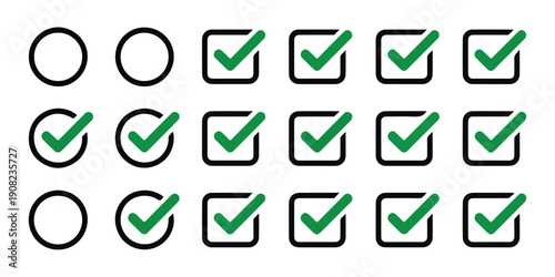 Set of three rows of check boxes and check marks. radio button vector isolated on white background