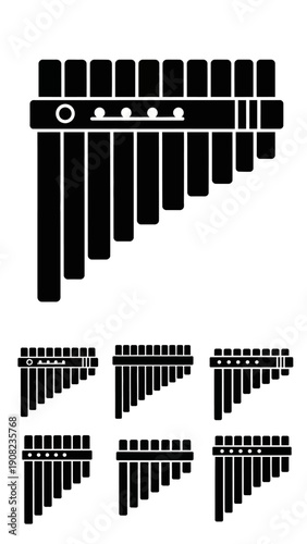 Set of Pan Flutes Icons, Musical Instrument Collection, Black and White Vector Graphics