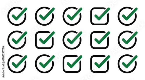 Green check marks in black circular and square frames arranged in grid pattern for approval and completion
