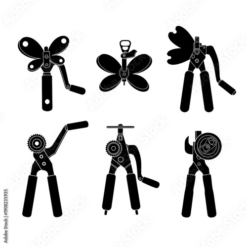 Set of Six Vintage Butterfly and Gear Can Openers, Kitchen Tools