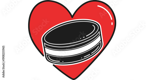 Red heart with a hockey puck inside, symbolizing love for the sport of hockey, isolated on white background