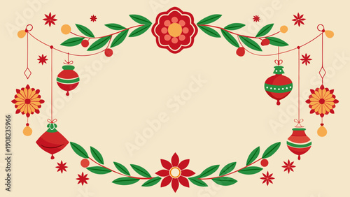 A festive wreath adorned with red and gold ornaments and lush green foliage Vector