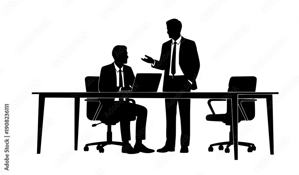 Fototapeta premium Business People Team Working on Laptop at Office Table Silhouette Vector Illustration