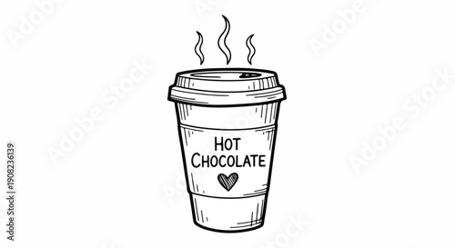 Hand-drawn hot chocolate cup illustration with steam and a heart. Black and white sketch of a cozy winter beverage, perfect for menus and designs.