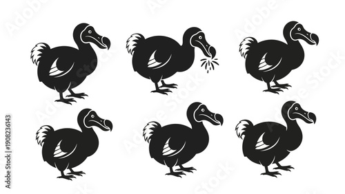 Six Black Dodo Birds Silhouette on White Background