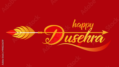 A vibrant red background with a golden arrow and the text happy dussehra Vector