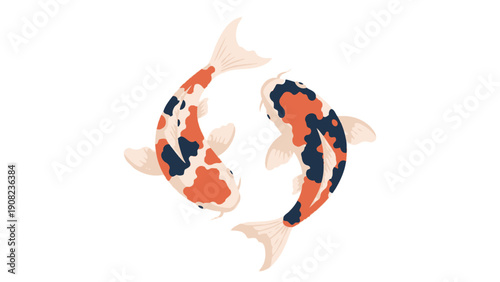 Two Japanese Koi Fish Swimming in Harmony, Yin Yang Symbolism, Orange, Black, White