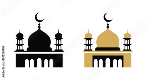 Islamic mosque icon set, religious symbols, domes and minarets illustration