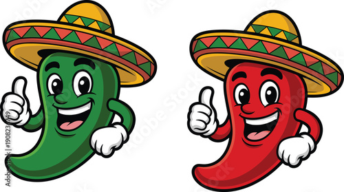 Cute cartoon chili pepper characters wearing sombrero isolated on white background Mexican food mascot illustration set