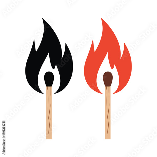 Burning matchstick set with realistic wood texture and flame effect isolated on white background vector design