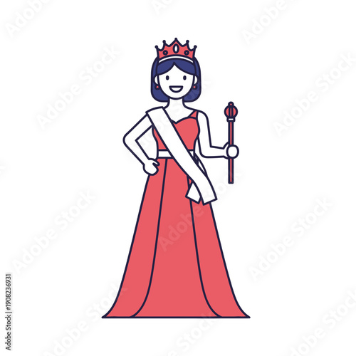 Cartoon Queen Holding Scepter and Wearing Crown and Sash