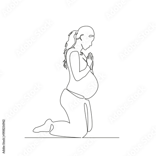 One continuous single drawing line art flat doodle woman, pregnant, hand, belly, motherhood, pregnancy, lifestyle, meditation, pray. Isolated image hand draw contour on a white background; hand drawn;