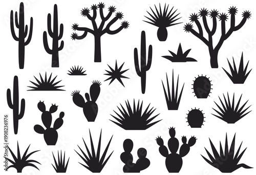 Desert plant silhouettes, cactus vector illustration, agave graphics, prickly pear shapes, Joshua tree icons, desert flora design, arid vegetation, botanical silhouettes