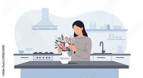 Woman arranging flowers in a modern kitchen, flat illustration style