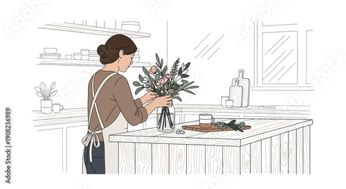 Woman Arranging Flowers in a Kitchen, Hand-Drawn Botanical Illustration Style