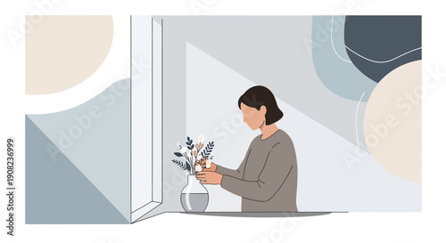 Woman arranging flowers in a vase by the window, abstract pastel background