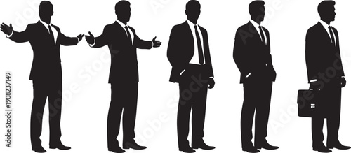 Professional group of male business executive silhouettes wearing formal suits in various standing poses with briefcase isolated on white background for corporate leadership concepts.